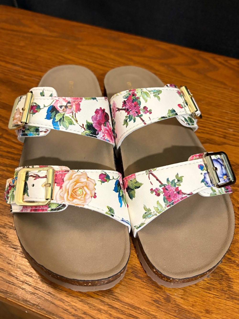 Floral Double-Buckle Slide Sandals - White and floral